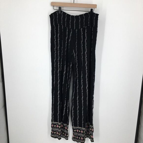 Three Dots Wide Leg Pants Womens Medium Black Floral Border Smocked Waist #M - Picture 7 of 14